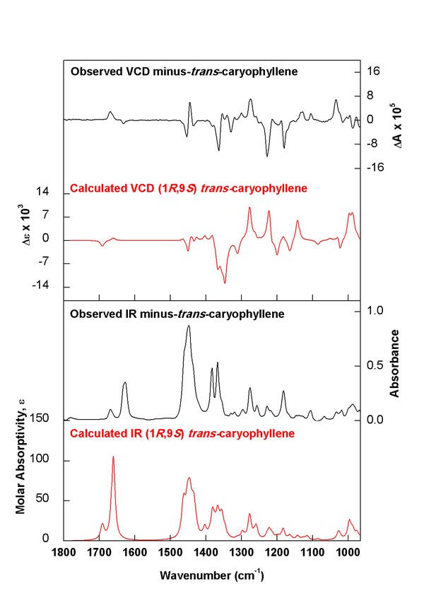 (minus)-(1R,9S)-trans-caryophyllene experimental vs. calculated spectra