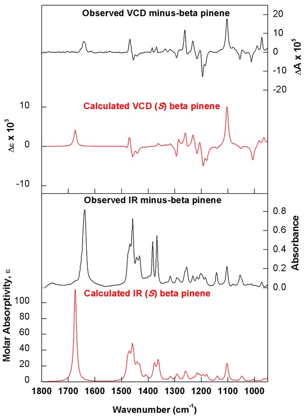 (minus)-(S)-β-Pinen experimental vs. calculated spectra